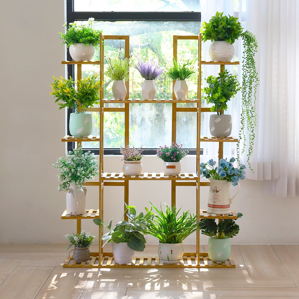 9 Tier Bamboo 17 Potted Plant Stand Rack Multiple Flower Pot Holder Shelf Indoor Outdoor Planter Display Shelving Unit for Patio - Sierra Home Co.