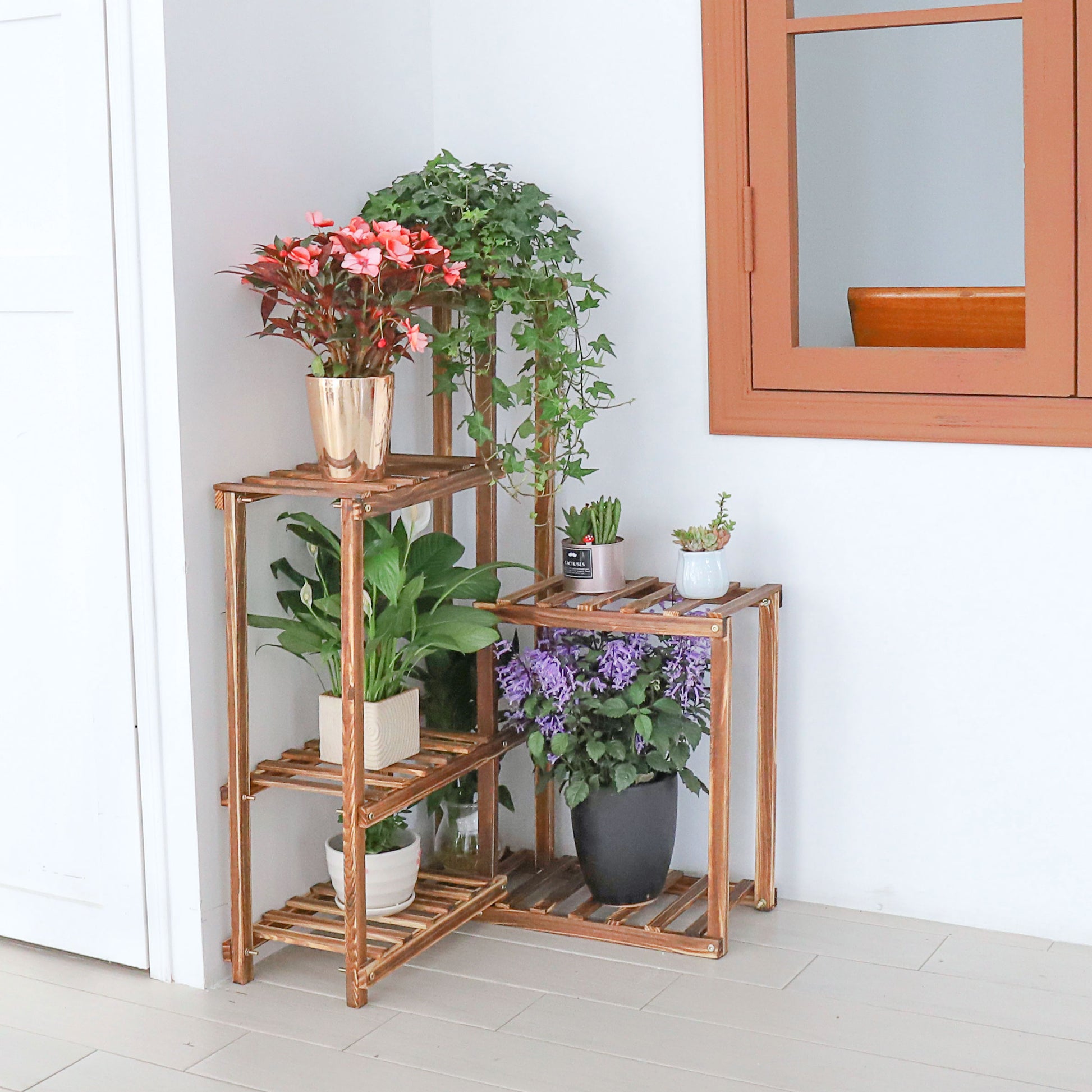 Plant Corner Stand 6 Tier Wood Shelf Indoor Outdoor Garden Patio Displaying Shelves Rack for Flowers Succulents Planter Pots - Sierra Home Co.